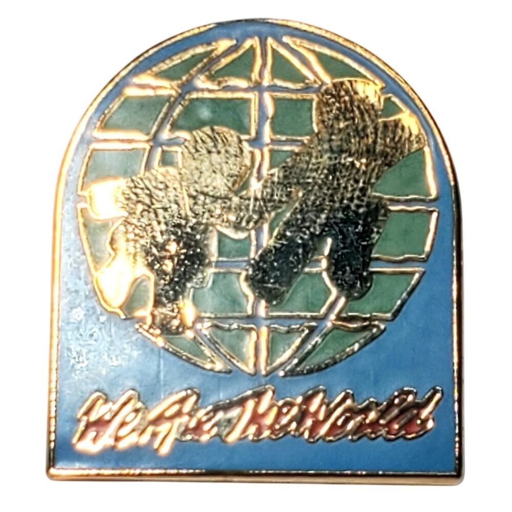 We Are The World Pin Children & Globe Gold Tone 1" Vtg